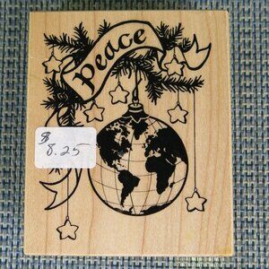 Vintage 1993 PSX Petaluma, CA World Peace Christmas Holiday Wood Rubber Stamp